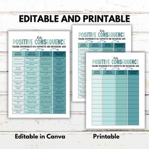 May include: Printable and editable "Positive Consequence" charts for kids, designed to teach responsibility. The charts feature a teal and white color scheme and include sections for action, importance, outcome, and reminders. The text "Editable in Canva" and "Printable" are also visible.