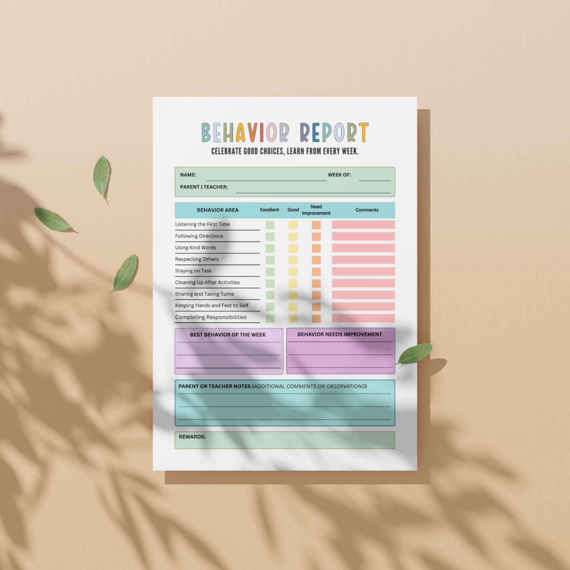 Behavior Reporting Chart Behavior Report Chart, Behavior Tracker, Behavior Reflection Sheet ...