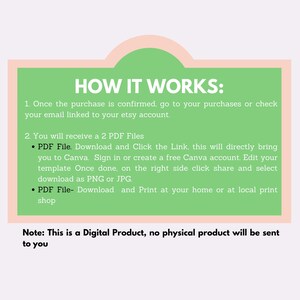 Op de afbeelding: Een groen en roze afbeelding met de tekst "HOW IT WORKS:" en instructies voor een digitaal product. De tekst legt uit hoe u na aankoop toegang krijgt tot het product en het gebruikt, inclusief het downloaden van PDF-bestanden en het bewerken van sjablonen in Canva.