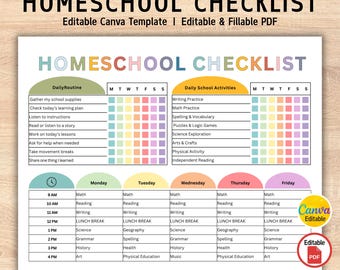 Editable Homeschool Checklist, Homeschool Schedule, Homeschool Planner, Kids Daily Schedule, Schoolday Routine, Daily Checklist, Canva, PDF
