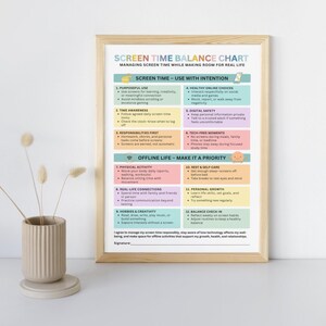 May include: A framed print titled "Screen Time Balance Chart" with colourful sections detailing screen time management. The chart includes guidelines for purposeful use, time awareness, and offline activities. A vase with dried flowers sits to the left.