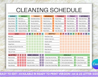 Checklist bewerkbaar schoonmaakschema, ADHD-planner voor huisreiniging, dagelijks Wekelijks Maandelijks Jaarlijks Checklist gezinstaken (digitale download)
