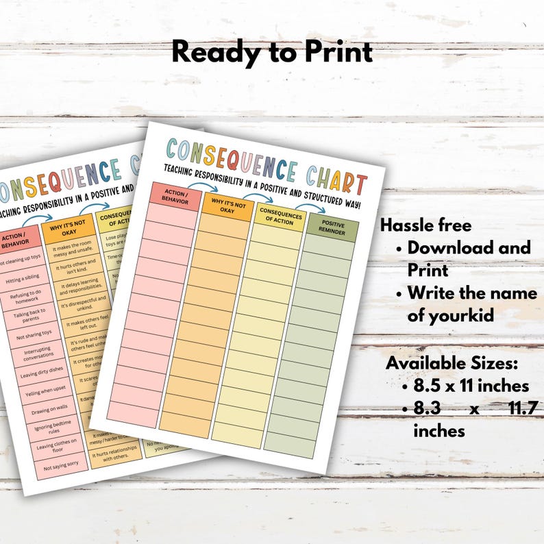 Puede incluir: Un cuadro de consecuencias imprimible para ense&ntilde;ar responsabilidad a los ni&ntilde;os. El cuadro tiene columnas para la acci&oacute;n, por qu&eacute; no est&aacute; bien, las consecuencias de la acci&oacute;n y un recordatorio positivo. El cuadro est&aacute; dise&ntilde;ado con una est&eacute;tica colorida y moderna y est&aacute; disponible en dos tama&ntilde;os: 8,5 x 11 pulgadas y 8,3 x 11,7 pulgadas.