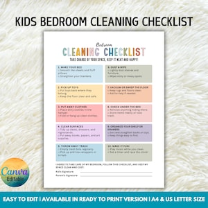 Editable Kids Bedroom Cleaning Checklist, Room Cleaning Agreement for Kids, Chore Chart for Kids Room, Responsibility Chart,Cleaning Routine