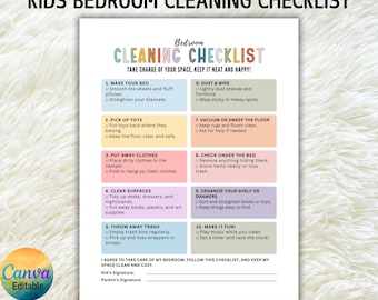 Editable Kids Bedroom Cleaning Checklist, Room Cleaning Agreement for Kids, Chore Chart for Kids Room, Responsibility Chart,Cleaning Routine