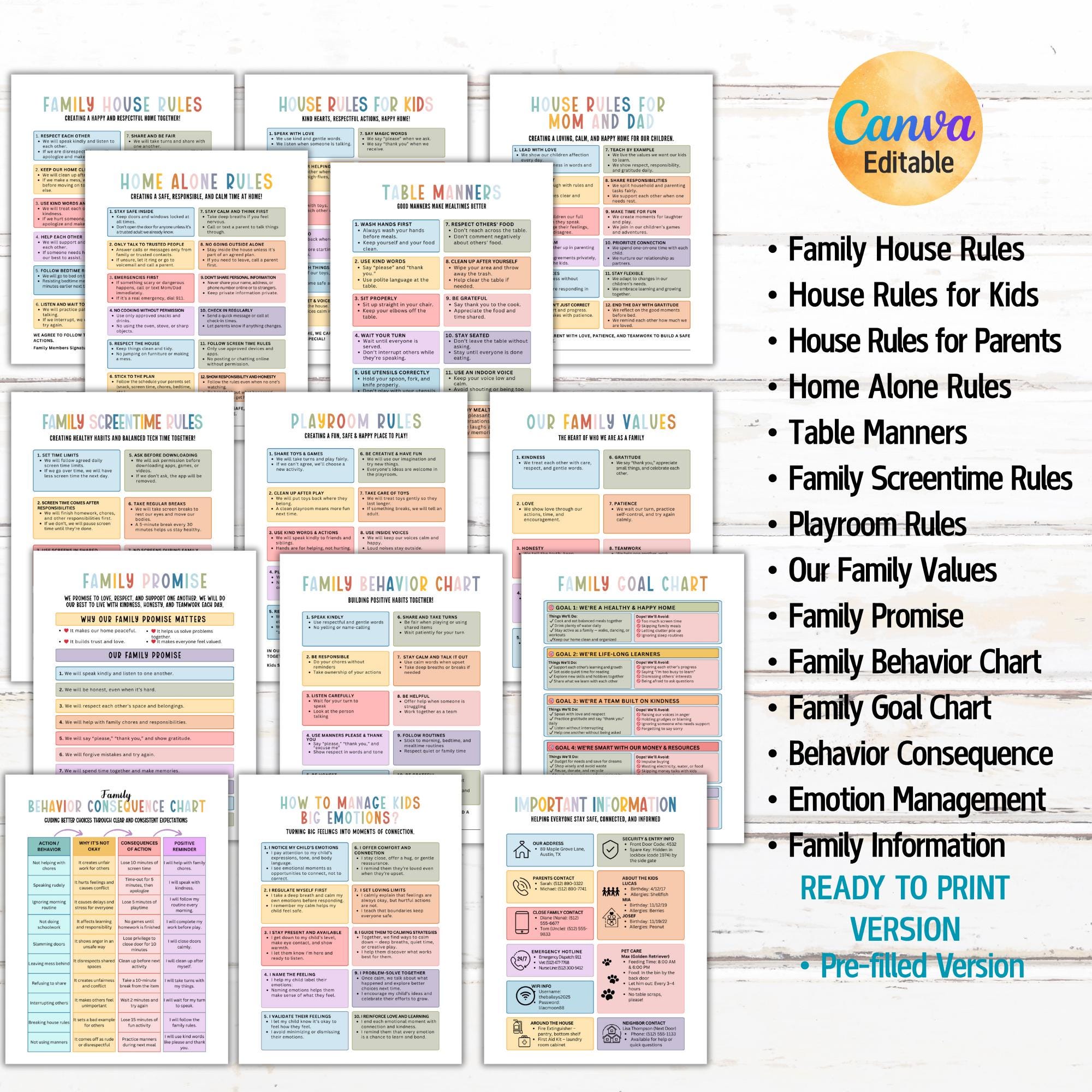 Editable Family Chart Bundle, Family House Rules, Screentime Chart ...