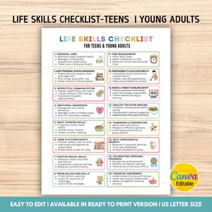 May include: A colorful life skills checklist for teens and young adults, featuring 16 key areas like personal care, time management, and financial awareness. The checklist is designed for easy editing and is available in a ready-to-print US letter size.