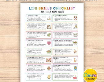 Life Skills Checklist for Teens and Young Adults, Teen Responsibility Chart, Adult Daily Living Skills, Teen Independence, Canva Editable