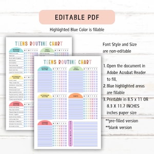 Puede incluir: Dos gr&aacute;ficos de rutina para adolescentes en PDF imprimibles. Los gr&aacute;ficos tienen secciones para rutinas de la ma&ntilde;ana, la tarde y la noche, tareas diarias y h&aacute;bitos. El texto "EDITABLE PDF" est&aacute; en la parte superior. El color azul resaltado se puede rellenar. El tama&ntilde;o del papel es de 21,6 x 27,9 cm o 21,1 x 29,7 cm.