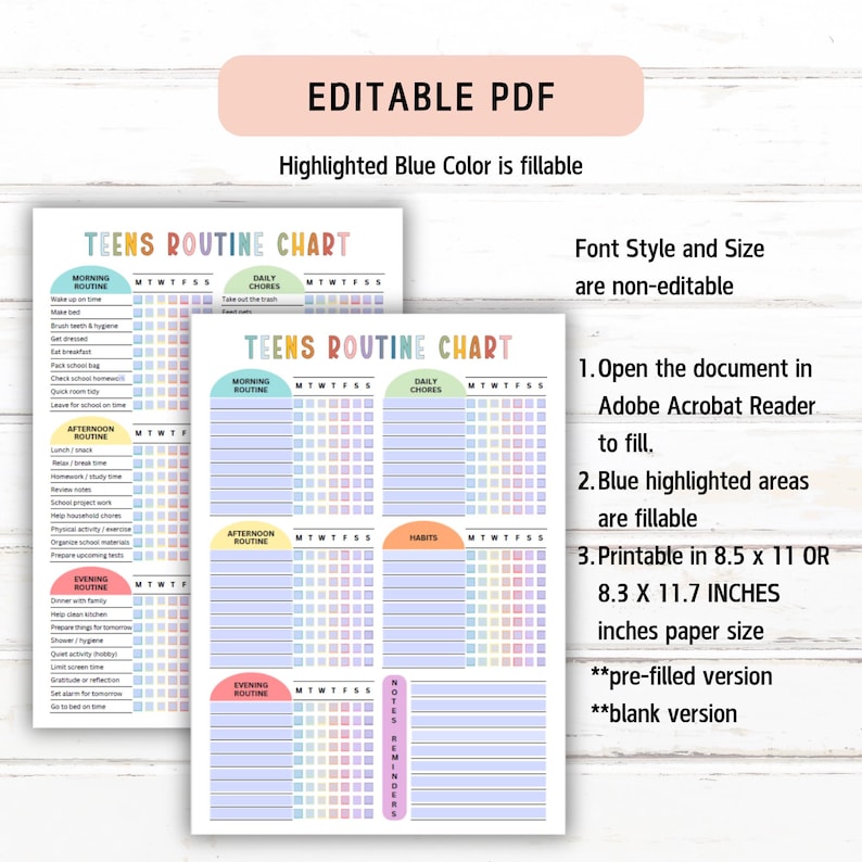 Puede incluir: Dos gr&aacute;ficos de rutina para adolescentes en PDF imprimibles. Los gr&aacute;ficos tienen secciones para rutinas de la ma&ntilde;ana, la tarde y la noche, tareas diarias y h&aacute;bitos. El texto "EDITABLE PDF" est&aacute; en la parte superior. El color azul resaltado se puede rellenar. El tama&ntilde;o del papel es de 21,6 x 27,9 cm o 21,1 x 29,7 cm.
