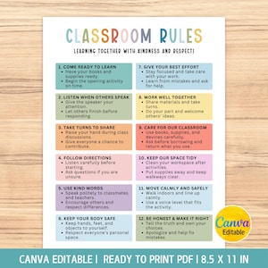 Puede incluir: Un póster imprimible de reglas de clase con el título CLASSROOM RULES y el subtítulo LEARNING TOGETHER WITH KINDNESS AND RESPECT. Enumera doce reglas numeradas en cuadros rectangulares de colores sobre un fondo blanco, 21,6 por 27,9 cm.