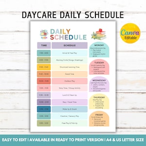 Puede incluir: Un horario diario de guardería, editable en Canva. El horario incluye franjas horarias y actividades como juego libre, círculo matutino, aprendizaje estructurado, hora de la merienda y juego al aire libre. Disponible en tamaños A4 y US letter.