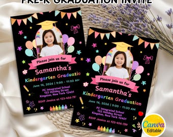 Invitación de graduación de jardín de infantes, invitación a la ceremonia de graduación de preescolar, graduado de la clase de 2026, plantilla editable de Canva