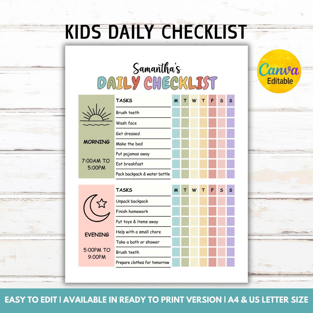 Kids Daily Checklist, Kids Daily Schedule, Daily Routine, Kids Planner ...