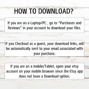 May include: A white background with the text "HOW TO DOWNLOAD?" in black. Instructions are provided in white boxes with black text, detailing how to download files on a laptop/PC, as a guest, and on a mobile device.