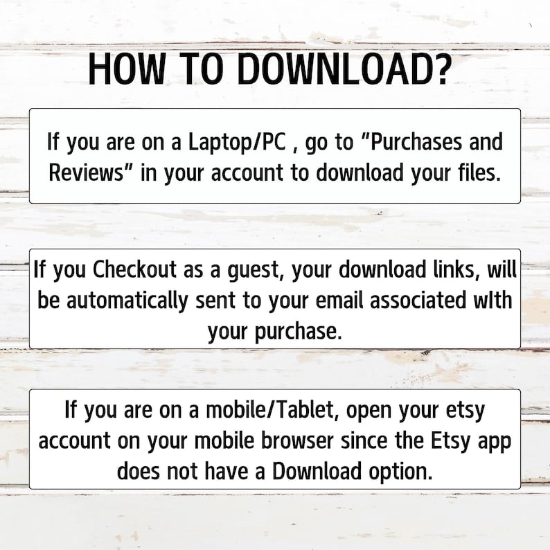 May include: A white background with the text "HOW TO DOWNLOAD?" in black. Instructions are provided in white boxes with black text, detailing how to download files on a laptop/PC, as a guest, and on a mobile device.