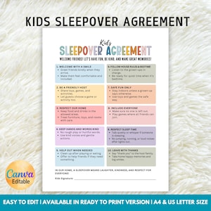 May include: A printable Kids Sleepover Agreement with colourful text and bullet points. The document includes rules for guests, such as being friendly, respecting the home, and having fun. The bottom of the page has a Canva logo and space for a signature.