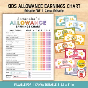 Könnte beinhalten: Eine farbenfrohe Kinder-Taschengeld-Verdiensttabelle mit täglichen Aufgaben, einer Wertspalte und einem wöchentlichen Tracker. Enthält Spielgeld zum Ausdrucken in Stückelungen von 1 bis 20 €. Die Tabelle ist 21,6 x 27,9 cm groß.
