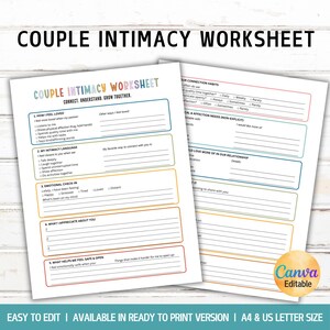 May include: Two printable worksheets titled "Couple Intimacy Worksheet" with fill-in sections. The worksheets are designed to help couples connect, understand, and grow together. The text includes prompts about love, intimacy, and emotional check-ins. The Canva Editable logo is visible.