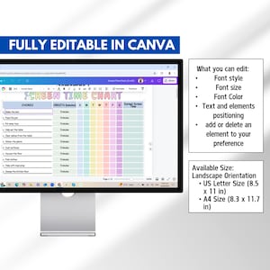 Pode incluir: Um monitor de computador exibe um modelo de "Screen Time Chart", totalmente edit&aacute;vel no Canva. O gr&aacute;fico inclui se&ccedil;&otilde;es para tarefas, cr&eacute;ditos e tempo de tela ganho, com um cronograma semanal colorido em arco-&iacute;ris. O texto detalha as op&ccedil;&otilde;es de estilo, tamanho e cor da fonte.
