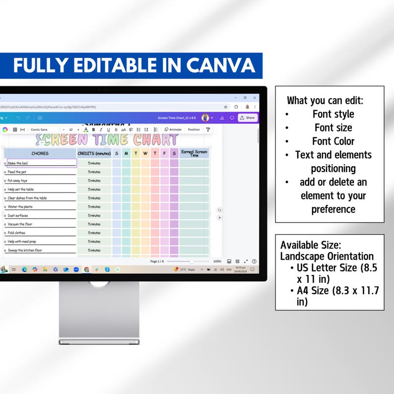 Pode incluir: Um monitor de computador exibe um modelo de "Screen Time Chart", totalmente edit&aacute;vel no Canva. O gr&aacute;fico inclui se&ccedil;&otilde;es para tarefas, cr&eacute;ditos e tempo de tela ganho, com um cronograma semanal colorido em arco-&iacute;ris. O texto detalha as op&ccedil;&otilde;es de estilo, tamanho e cor da fonte.
