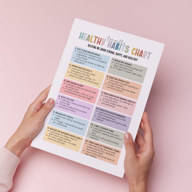 Op de afbeelding: Een kleurrijke grafiek getiteld "Healthy Habits" met een lijst van 12 gewoonten voor een gezonde levensstijl. De grafiek wordt door twee handen vastgehouden en bevat tekst als "Eet een evenwichtige maaltijd" en "Drink dagelijks water".
