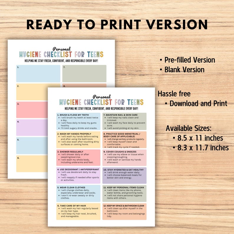 Editable Personal Hygiene Checklist for Teens, Hygiene List, Teens Self