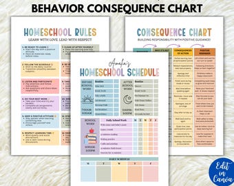 Tabla editable para la educación en casa, horario para la educación en casa, reglas para la educación en casa, tabla de comportamiento en el aula, lista de verificación para la educación en casa, Canva
