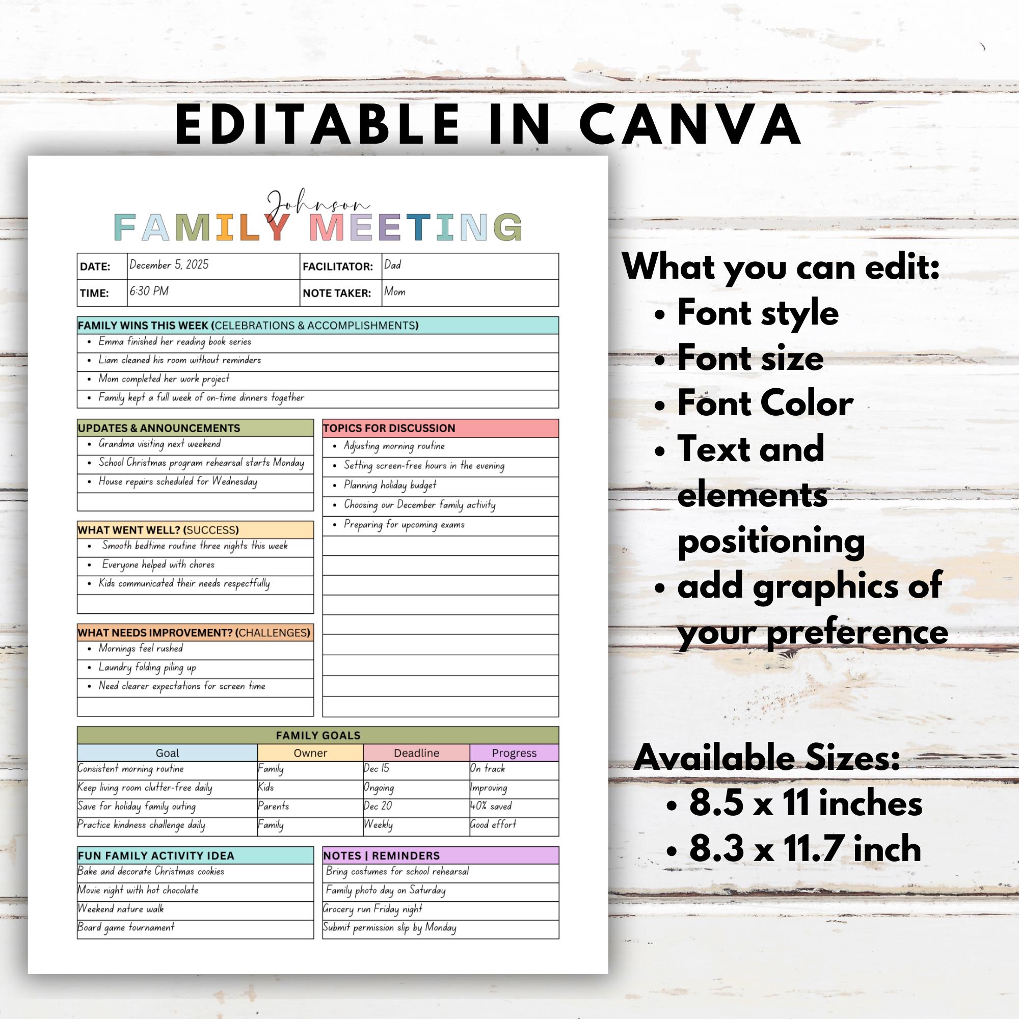 Editable Family Meeting Template, Family Meeting Agenda, Family Meeting