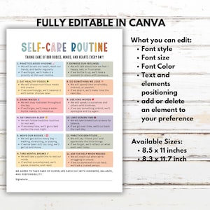 May include: A printable self-care routine checklist with colorful headings and bullet points. The checklist includes sections on hygiene, food, water, sleep, and mental health. Available in 8.5 x 11 inches and 8.3 x 11.7 inch sizes.