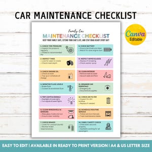 Op de afbeelding: Een afdrukbare checklist voor auto-onderhoud met de titel "CAR MAINTENANCE CHECKLIST". De checklist bevat items zoals bandenspanning, motorolie en remcontroles. De woorden "Canva Editable" staan in een gele cirkel.