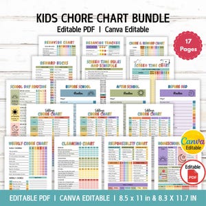 Editable Kids Chore Chart Bundle, Kids Daily Checklist, Kids Responsibility, Screentime Tracker, Behavior Consequence Chart, Reward Chart