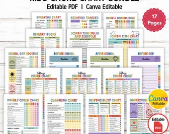 Editable Kids Chore Chart Bundle, Daily Checklist, Kids Responsibility Chart, Screentime Tracker, Behavior Consequence, Reward Chart, Canva