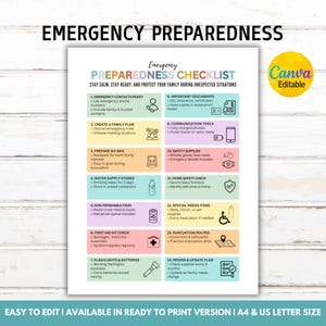 Può includere: Un elenco di controllo di preparazione intitolato "Preparazione alle emergenze" con un logo Canva. L'elenco di controllo include passaggi per contatti di emergenza, piani familiari, borse di emergenza, approvvigionamento idrico, alimenti non deperibili, pronto soccorso, torce elettriche, documenti importanti, strumenti di comunicazione, forniture di sicurezza, sicurezza domestica, esigenze speciali, percorsi di evacuazione e piani di revisione.