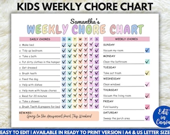Bearbeitbare tägliche Checkliste für Kinder, tägliche Routine für Kinder, Verantwortungstabelle, Organigramm für Kinder, Aufgabenliste für Kinder, Canva-Vorlage