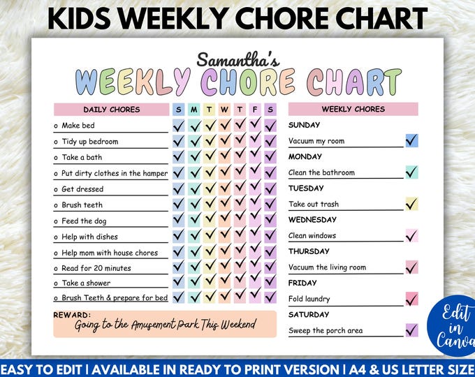 Kids Chore Chart Printable, Bathroom Chore List, Weekly Checklist, Kids ...