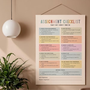 May include: A rectangular wall poster titled Assignment Checklist with the subtitle Plan It - Do It - Check It - Turn It In. The poster features ten numbered steps in colorful boxes, including sections for Kid's Signature and Parent's Signature.