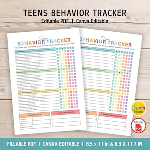 Planilha de Acompanhamento do Comportamento de Adolescentes, Gráfico de Comportamento de Adolescentes, Gráfico de Responsabilidades de Adolescentes, Desenvolvedor de Autodisciplina e Caráter, Modelo Editável no Canva, PDF