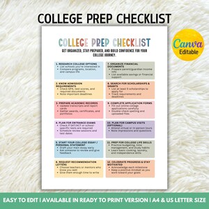 Puede incluir: Una lista de verificación de preparación universitaria con el título "COLLEGE PREP CHECKLIST" en un diseño colorido. La lista incluye pasos para investigar opciones universitarias, conocer los requisitos de admisión y preparar los expedientes académicos. El logotipo de Canva está en la esquina superior derecha.