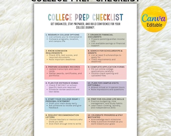 Puede incluir: Una lista de verificación de preparación universitaria con el título "COLLEGE PREP CHECKLIST" en un diseño colorido. La lista incluye pasos para investigar opciones universitarias, conocer los requisitos de admisión y preparar los expedientes académicos. El logotipo de Canva está en la esquina superior derecha.