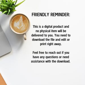 May include: A top-down view shows a cup of coffee with latte art, a laptop, and a small potted plant. The text "FRIENDLY REMINDER: This is a digital product and no physical item will be delivered to you" is also visible.