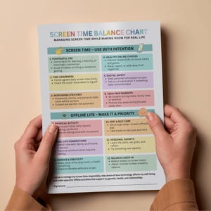 May include: A colourful "Screen Time Balance Chart" poster with text and icons, held by a person. The chart offers advice on managing screen time, including purposeful use, time awareness, and offline activities. The poster is designed to promote a healthy balance.