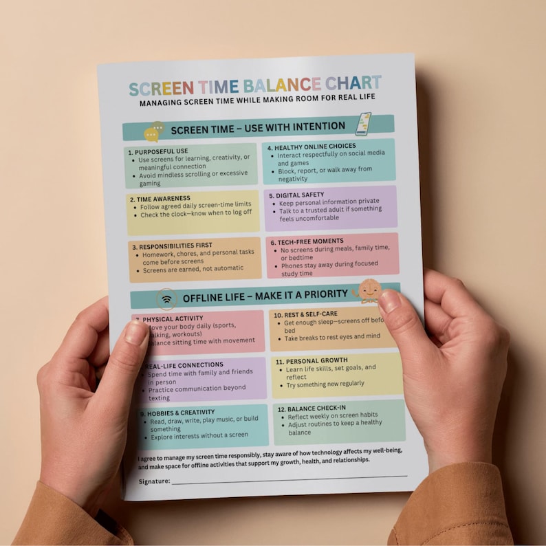 May include: A colourful "Screen Time Balance Chart" poster with text and icons, held by a person. The chart offers advice on managing screen time, including purposeful use, time awareness, and offline activities. The poster is designed to promote a healthy balance.
