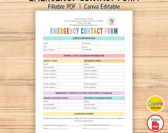 Formulario de contacto de emergencia editable para guarderías, información de emergencia, formulario de guardería, formulario de cuidado infantil, contactos para padres, información esencial para guarderías