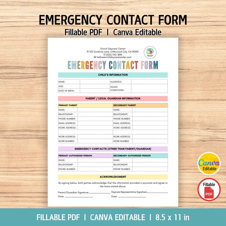 Editable Emergency Contact Form for Daycare, Emergency Information ...