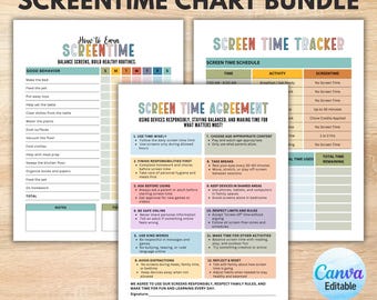 Editable Kids Screen Time Chart, Screentime Tracker, Screentime Schedule, Screentime Rules, Kids Responsibility Chart, Canva Template