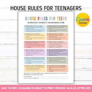 Puede incluir: Documento imprimible "Reglas de la casa para adolescentes" con un diseño colorido. Enumera reglas de respeto, responsabilidad e independencia, con un logotipo de Canva Editable. Disponible en tamaño A4 y US Letter.
