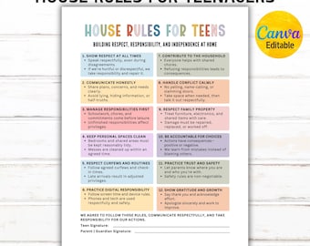 Editable Teen House Rules, Good Behavior Chart, Family Rules and Values for Teens, House Rules Poster, Behavior Management, Canva Template