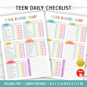 May include: Two printable Teen Daily Checklist charts. Each chart has sections for Morning, Afternoon, and Evening routines, Daily Chores, and Habits. The charts are filled with colorful boxes for tracking tasks. The text "TEEN DAILY CHECKLIST" is at the top.