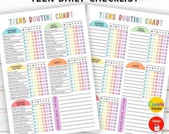 May include: Two printable Teen Daily Checklist charts. Each chart has sections for Morning, Afternoon, and Evening routines, Daily Chores, and Habits. The charts are filled with colourful boxes for tracking tasks. The text "TEEN DAILY CHECKLIST" is at the top.